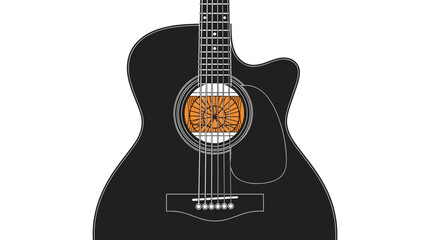 Fototapeta premium Close up view of black acoustic guitar body showing sound hole and strings on white background for music design project.