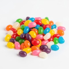 Obraz premium Colorful Jelly Beans Pile on White Background, Sweet Treat.