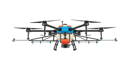 High tech agricultural spraying drone with multiple propellers and nozzles for precision farming and crop protection.