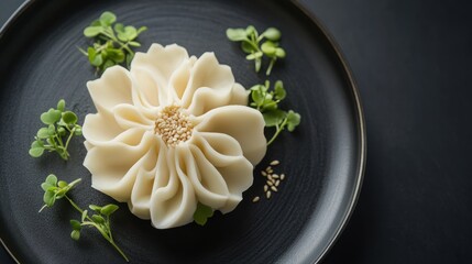 Floral food art on dark plate