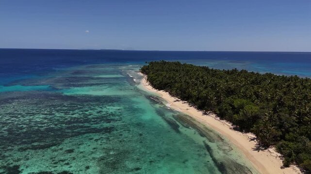 Aerial drone view above the turquoise shoreline of Eua, Kingdom of Tonga, where crystal-clear water reveals coral formations beneath the surface near the untouched tropical coast.