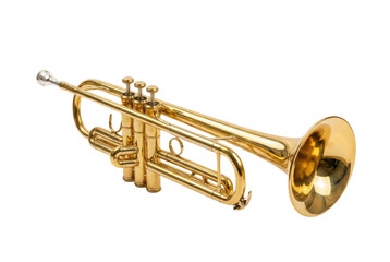 Obraz premium Golden brass trumpet with silver accents isolated on a white background, viewed from a high angle