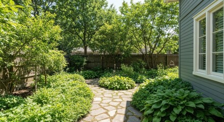 A lush garden path leads through a vibrant green yard, framed by a house exterior