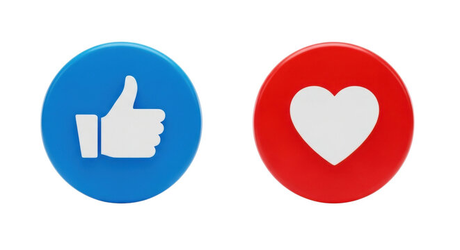3D social media like and love reaction icons. Blue thumbs up and red heart symbols for digital engagement.