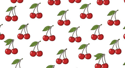 Seamless cherry fruit pattern with leaves cartoon vector illustration background design