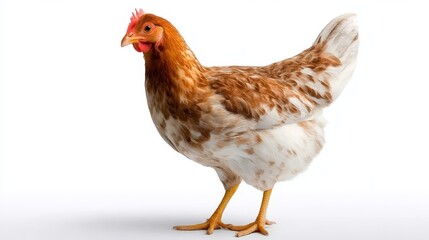 Fototapeta premium Brown and white hen standing against white background