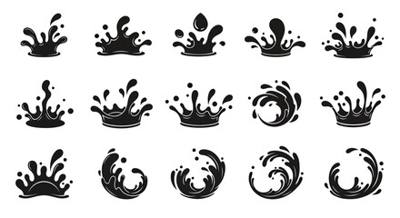 Dynamic collection of black water splashes and liquid drops creating various ripple effects.