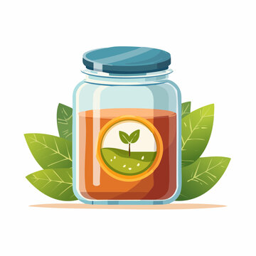 A transparent glass jar filled with tea leaves and a sprouting seed, surrounded by lush green leaves, viewed from the side