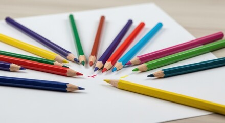 Colorful Pencils Arranged on White Paper for Creative Drawing.