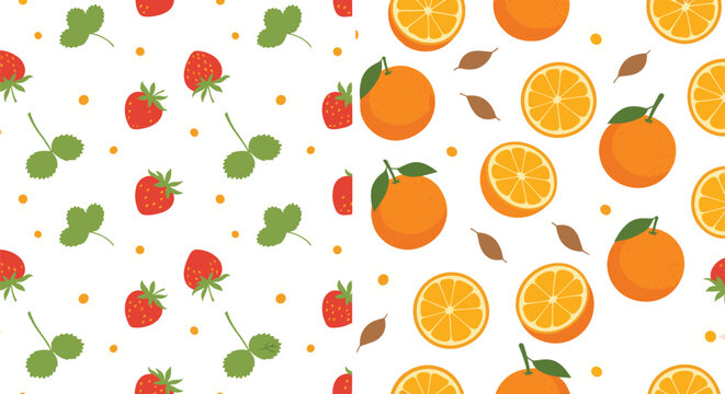 Seamless fruit patterns collection strawberries oranges floral cartoon vector illustration set isolated background