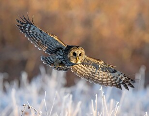 Fototapeta premium A bird in flight over frosty grass