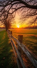 Fototapeta premium Gorgeous Autumnal Landscape Texture Weathered Fence Golden Meadow Sunrise Glow