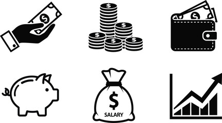 Fototapeta premium Set of finance and savings icons illustrating concepts of payment, investment growth, monetary assets, and salary.