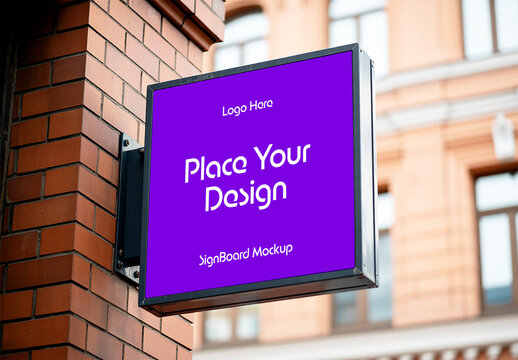 Outdoor Square Shop Signboard Mockup on Red Brick Building Wall