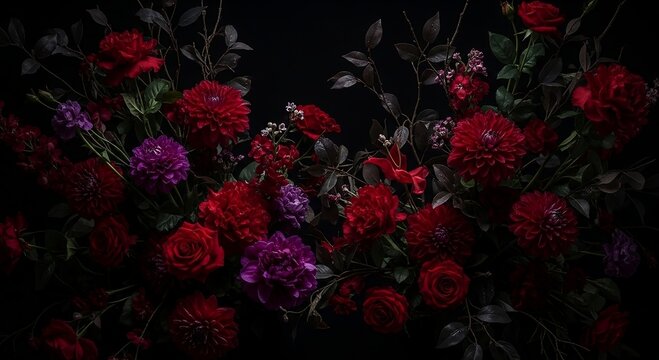 Crimson Floral Abundance: A captivating display of rich red and deep purple flowers. It creates a bold and elegant floral composition with a focus on textures and tones.