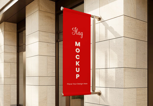Outdoor Vertical Wall Flag Banner Mockup on Modern Building