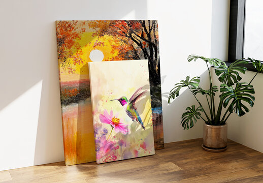 Two Vertical Canvas Art Print Mockups Leaning Against a Sunny Room Wall