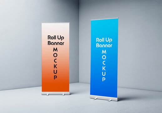 Two Vertical Roll Up Banner Mockups in Modern Studio Corner