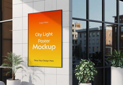 Vertical City Light Poster Mockup on Modern Building Exterior
