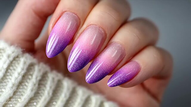 Elegant gradient manicure featuring long, pointed nails in soft pink and purple hues against a cozy background