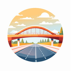 Vibrant vector illustration of a modern arched overpass spanning above an empty highway, symbolizing journey and connectivity and forward progress