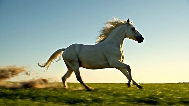 White equine galloping across vast green pasture under bright sky