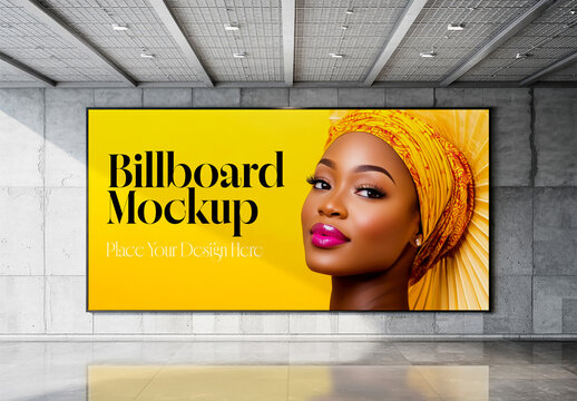 Horizontal Indoor Billboard Mockup on Concrete Gallery Wall