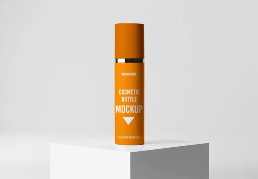 Minimalist Orange Cosmetic Pump Bottle Mockup on White Pedestal