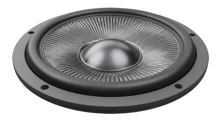 Close up of a black speaker with a silver dome and ribbed diaphragm on a white background showcasing audio equipment