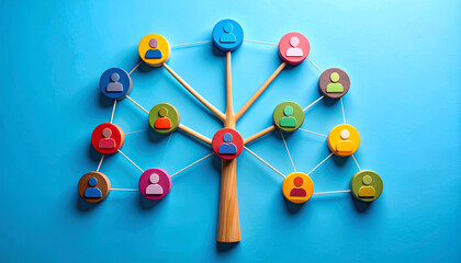 Obraz premium Networking and leadership illustration featuring a central red user icon linked to diverse profiles on a tree structure, representing collaboration and organizational growth.
