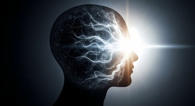 human head with a powerful burst of light from the eyes and chaotic tangled lines, representing vision, insight, digital intelligence, or mental enlightenment