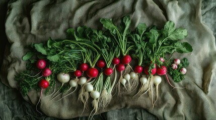 Fresh radishes on a burlap cloth