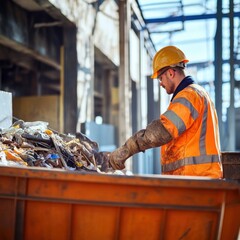 Worker in orange safety vest collects industrial waste