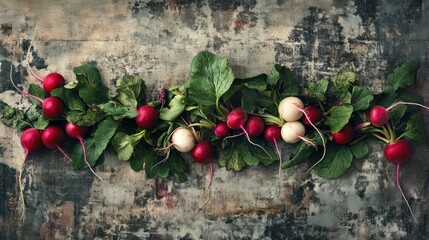 Fresh radishes with leaves on a rustic surface