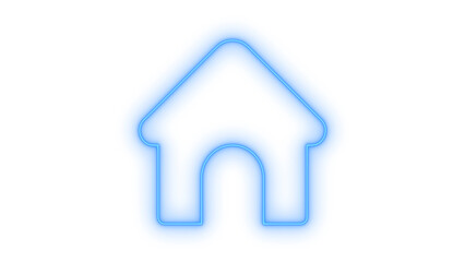 Fototapeta premium Glowing blue neon outline house icon symbolizing smart home technology, property, and modern real estate solutions with a futuristic digital interface design, isolated on transparent background.