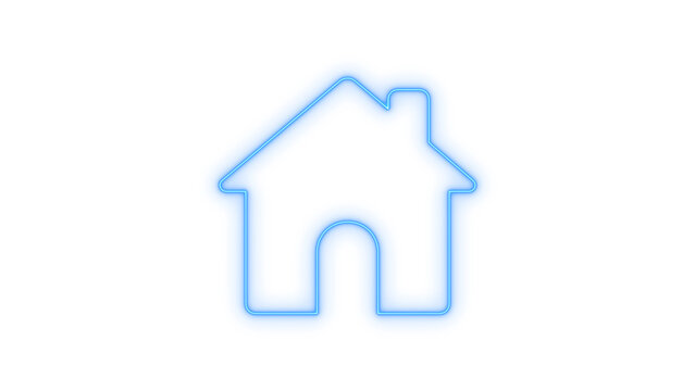 Blue glowing neon home icon illustration, a modern digital outline symbol representing property, residence, or website navigation, isolated on transparent background.