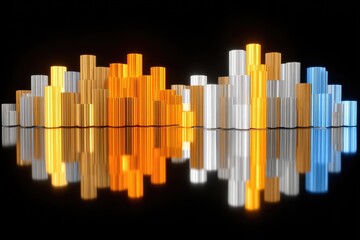 Obraz premium Abstract audio waveform, vibrant cylindrical shapes reflecting on a dark surface