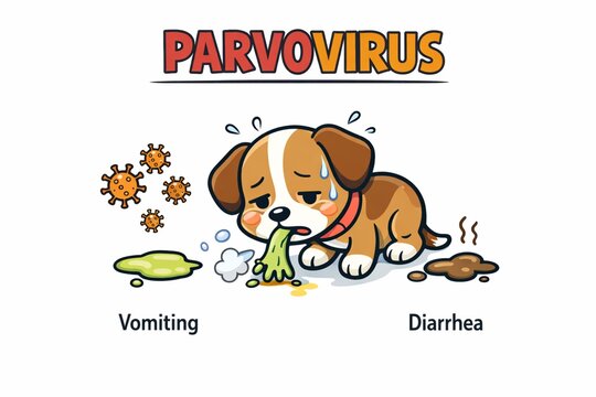 Small puppy themed parvovirus infographic featuring symbolic health icons, bold vector lines, clean white background, and commercial stock appeal design.
