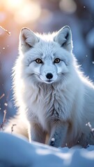 Obraz premium A white fox with orange eyes standing in snowy landscape