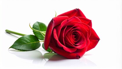 Fototapeta premium Beautiful single long-stemmed red rose with vibrant petals and green leaves, a symbol of love and romance for Valentine's Day or an anniversary, lying with a reflection on a white background.