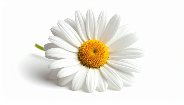 Single beautiful white daisy chamomile flower with yellow center and delicate petals lying down. Macro studio shot isolated on a clean, bright white background. Concept of purity and simplicity.