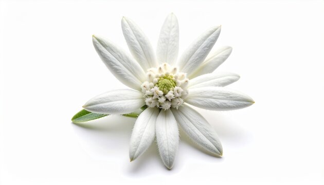 Macro shot of a beautiful Edelweiss flower (Leontopodium nivale) showing its delicate, fuzzy white petals and green center, isolated on a clean, bright white background. Symbol of the Alps.
