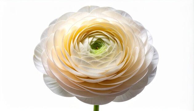 Stunning macro shot of a delicate white Ranunculus asiaticus, also known as a Persian buttercup. This beautiful, layered flower with creamy petals and a green center is isolated on a white background.