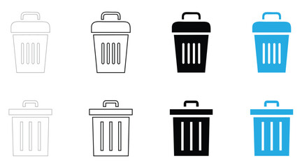 trash can icon vector set, trash bin symbol vector, silhouette and line art illustration