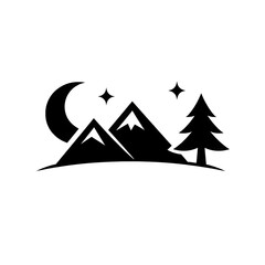 Fototapeta premium Minimal Mountain Landscape with Moon and Pine Tree Silhouette Vector Icon