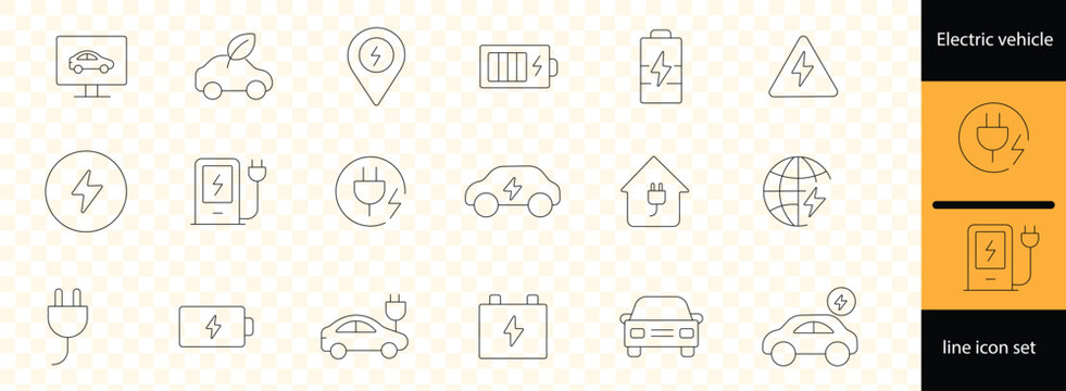 Containing charge, battery, energy, electricity, charger, recharge, electric car, electric socket and more. Editable line icons. Vector illustration