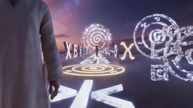 Person walks glowing symbol path towards mystic light under starry sky