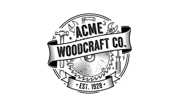 Vintage ACME Woodcraft Co. Logo with Saw Blade and Tools.