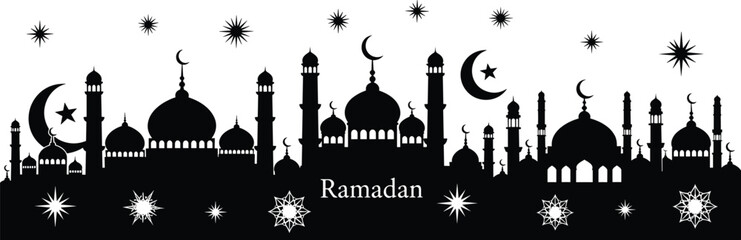 Black and white mosque skyline silhouette with domes, minarets, crescent moons and stars, Ramadan typography design for Islamic holy month celebration artwork illustration