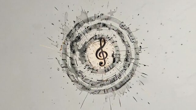Musical notes create a dynamic abstract circular orbit animation on a gray background